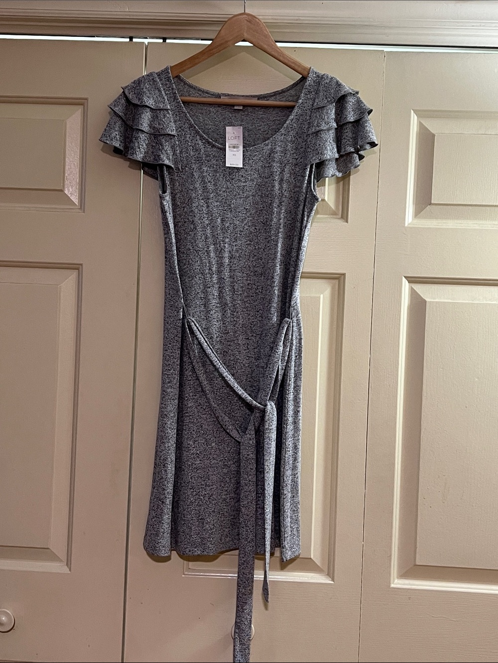LOFT Heather Gray Ruffle-Sleeve Tie-Waist Mini Dress NWT